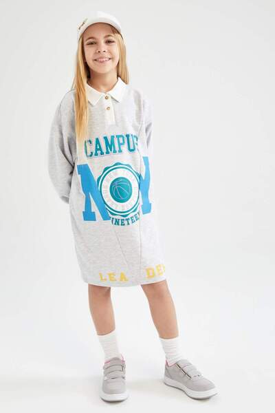 DeFacto Girl Child Polo Collar Printed Long Sleeve Sweat Dress Z4887A623Sp