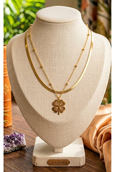 Meyra Accessories yonca ikili şık tasarımlı çelik kolye büyük boy paslanmaz k...