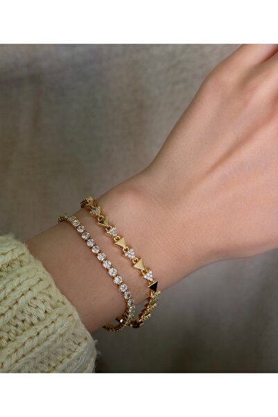 NİS 14 Ayar Altın Kaplama Üçgen Detaylı Taşlı Bileklik