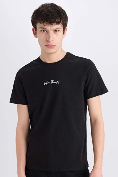 DeFacto Slim Fit Crew Neck Potištěné bavlněné česané bavlněné tričko X3932AZ22SM