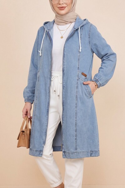 Modamorfo Hooded Pocketed Denim Jacket with Elastic Sleeves and Front Zipper ...