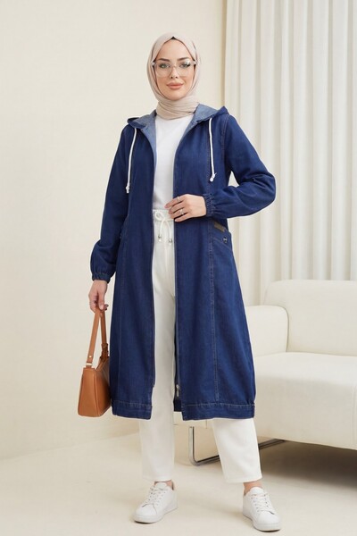 Modamorfo Hooded Pocketed Denim Cap with Elastic Sleeves and Front Zipper -Laci