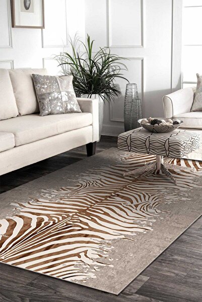 Frenda Home Zebra Desen Pamuk Taban Baskılı Halı Bej