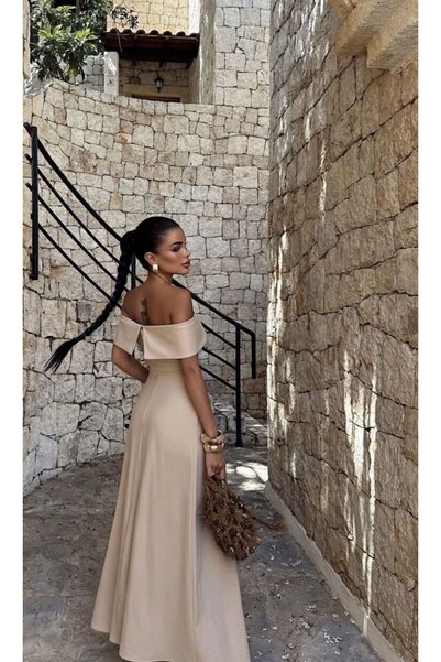 TANISA Rochie lungă cu bretele, material creil dublu, bej, TNS-4423