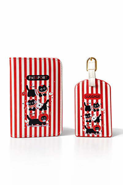 Ecrou Cat Patterned Passport Cover and Luggage Tag