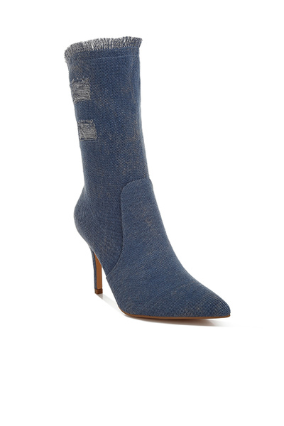 london Rag Women Distressed Denim Mid-Calf Boots in Denim