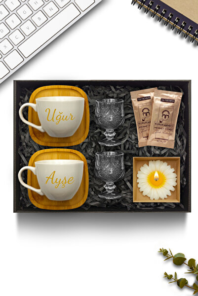 Selamlique Kişiye Özel Porselen Beyaz Fincan Takımı & Cam Su Bardağı & Çiçek ...