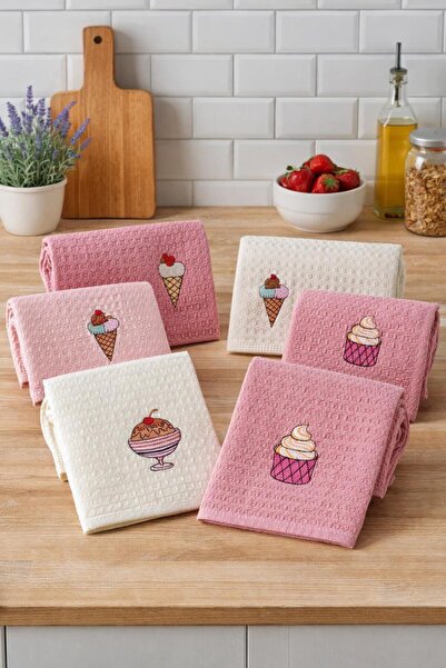 Eponj Home 6lı Kurulama Peçetesi Nakışlı 40x60 Dondurma