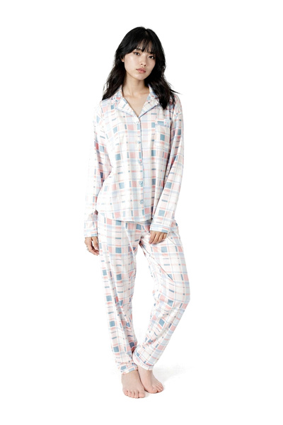 Ecrou Women's Baby Blue Plaid New Start Peter Pan collar Long Sleeve Trouser ...