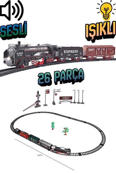 Olomo 26 Parça Klasik Model Tren Seti - Işıklı Sesli Raylı Nostaljik Lokomoti...