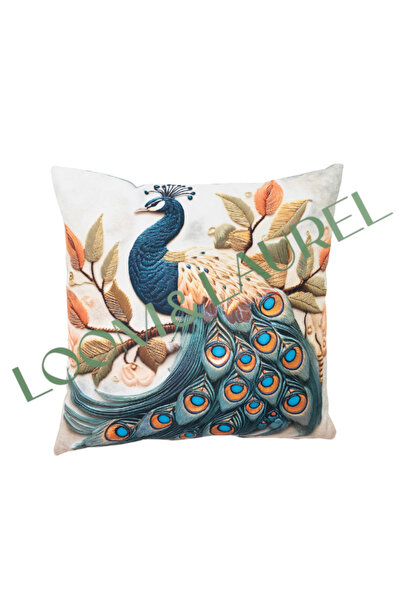 LOOM & LAUREL Krep Örgü Üzerine Yüksek Kaliteli Dijital Baskılı İçi Dolu Kırlent 45x43 Cm Tavuz Kuşu Desenli