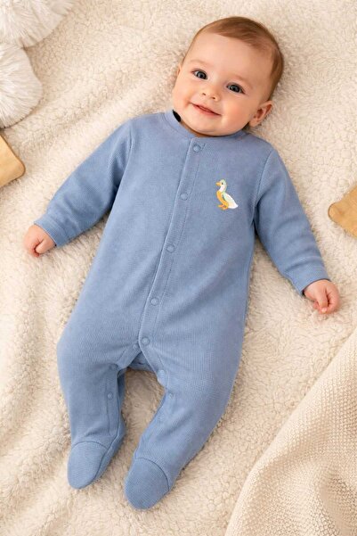 Bebitof Ördek Desenli %100 Pamuk Bebek Tulum Mavi