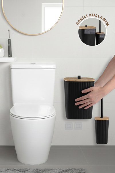 Okyanus Home Set de baie din bambus piese, negru, cu suport pentru perie și coș de gunoi, cu adeziv Sapphire