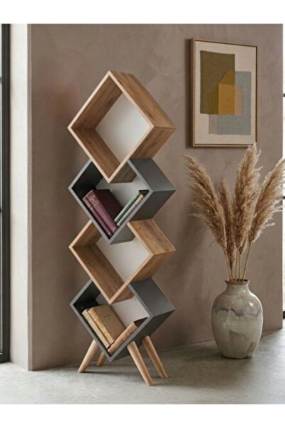 Bicabin Üçgen 4 Bölmeli Dekoratif Kitaplık Ahşap Ayaklı -Atlantik Çam/Beyaz