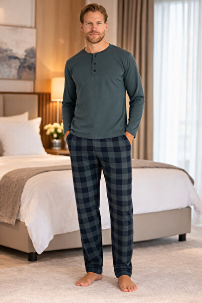 YUYİ 100% Cotton Sub-Coated Patterned Long Sleeve Men's Pjamas Suit