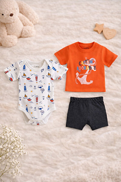 luay Unisex Cotton Red T-Shirt, Short & Onesie Cotton 3-Piece Set: 3-6 M