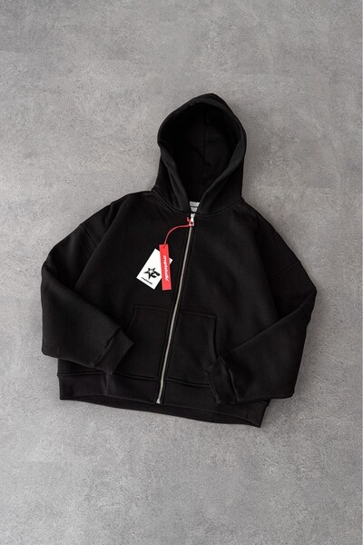 Crupt Studio سترة رجالية سوداء قصيرة بسحاب وقلنسوة