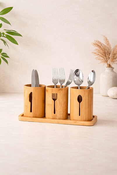 KaiHome Set de 3 bucăți de bambus pentru organizator de linguri/furculițe/țăpări