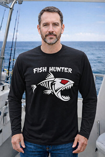 HT Outdoor Model T tricou cu braț lung și bumbac 100% figurine de pește schelet