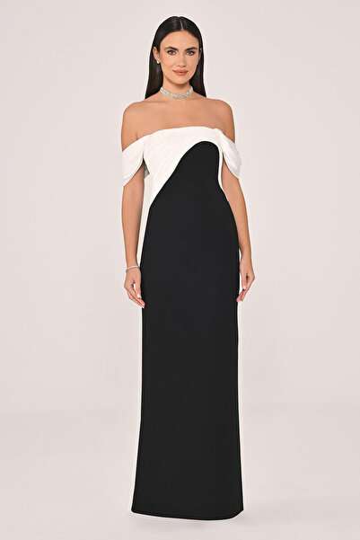 ALFABETA فستان سهرة طويل من ألفا بيتا مكشوف الكتفين من الساتان