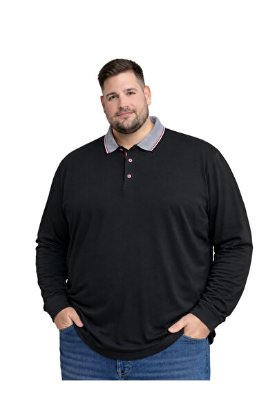 BattalModa Men's Large Size Black 100% Cotton Polo Collar Long Sleeve T-Shirt...