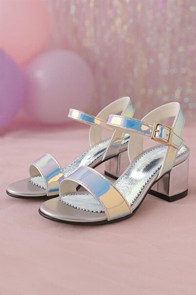 hapshoe Pony Hologram Silver-Pink Thick Heeled Girls' Evening Dress Shoes