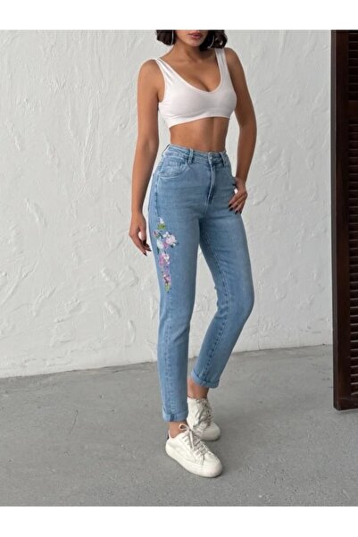 ADAMODA.RO Blugi mom fit cu broderie florală