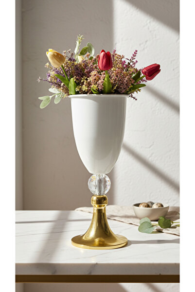 365GUNSERİSONU مزهرية بيضاء بأحجار كريستال ذهبية عالية الساق - إكسسوار طاولة ...