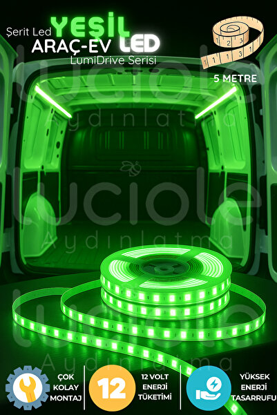 luciole LumiDrive 5m Yeşil LED Şerit – 12V Araç İçi Işıklandırma, Kablolu, Ke...