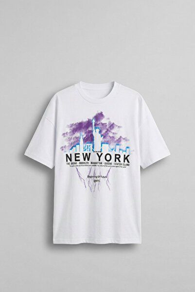 ablukaonline Men's New York Printed Oversize T-Shirt White