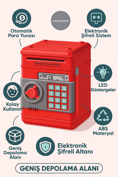 CNGZSHOP Elektronik Şifreli Banka Kasası Kırmızı Kumbara – ATM Görünümlü Otom...
