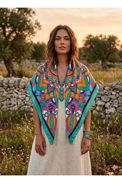 POZİTİF MRK وشاح من الساتان الأخضر بنمط ماندالا