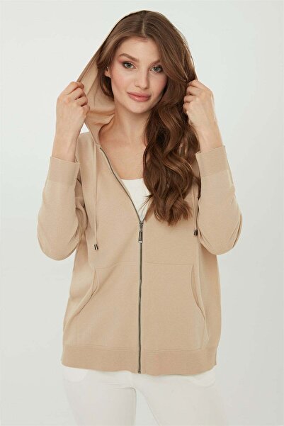 Desen Triko Kadın Triko Kapüşonlu Yazlık Hırka Bej