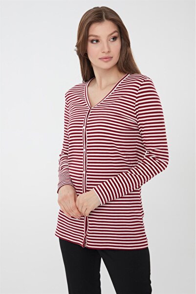 Desen Triko Kadın Çizgili Penye Hırka Kırmızı