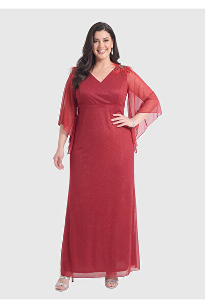 LİLAS XXL Büyük Beden Kısa Kollu Kırmızı Renkli Likralı Simli Uzun Abiye Elbise
