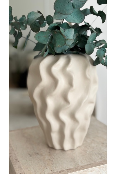 daimahome Dalga Dokulu El Yapımı Seramik Bej Dekoratif Sarmaşık Vazo