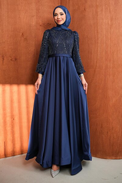 İmajButik Βραδινό φόρεμα από σατέν με κεντημένες χάντρες σε μπλε ναυτικό