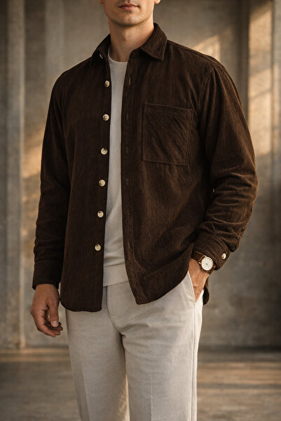 Souris Erkek Kahverengi Rahat Kalıp Kadife Gömlek