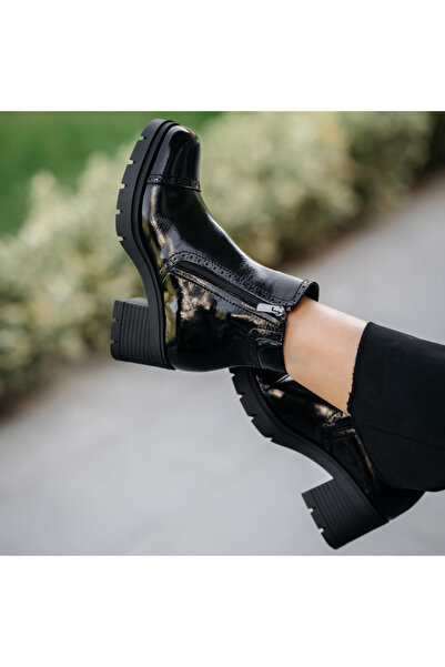 Platin Black Patent Leather Women's Heeled Boots