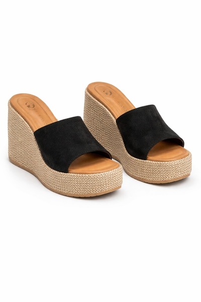 Giydim Gidiyor Deva Δερμάτινο Σφηνοειδές τακούνι Ψάθινο Παντόφλες Καφέ