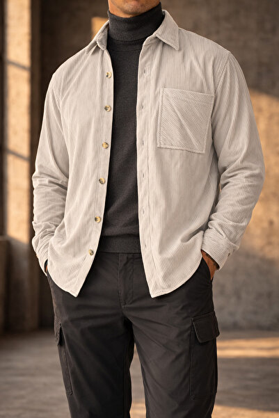 Souris Ανδρικό βελούδινο πουκάμισο σε χρώμα πέτρας, χαλαρή εφαρμογή, μακρυμάν...