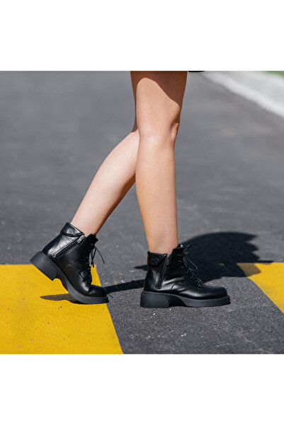 Platin Black Leather Women's Casual Boots