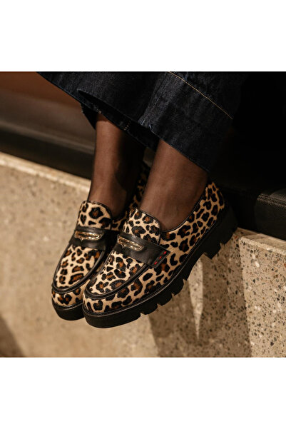 Platin Leopar Deri Kadın Loafer