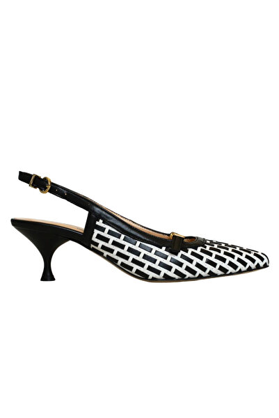 Platin Black White Leather Knitted Women's Back Open Heeled Shoes