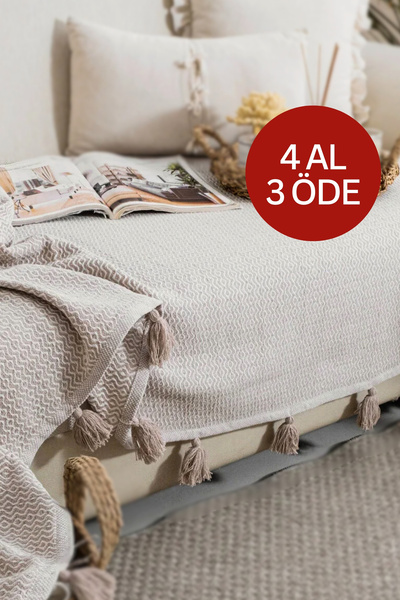Lux Touch Lavi Ponponlu Bej Koltuk Örtüsü 115 x 200 cm Kanepe Divan Çekyat Be...