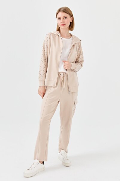 Desen Triko Women's Knitwear Stone Printed Hooded Summer Cardigan Beige