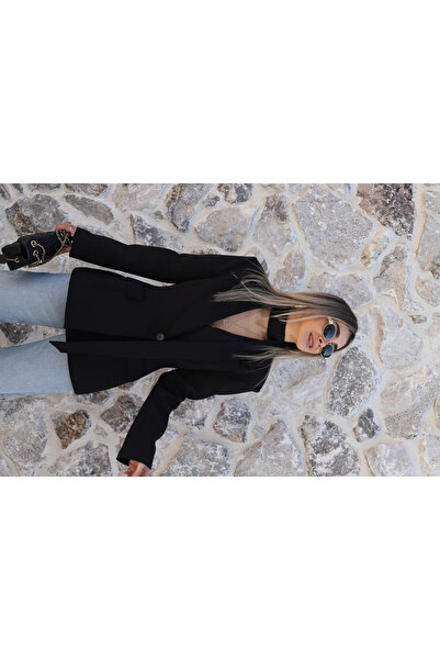 bytugcekaya Μαύρο μπλέιζερ με ένα κουμπί και φουλάρι