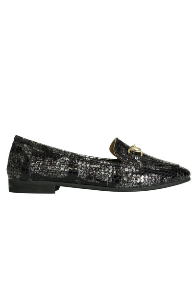 Platin Gray Black Leather Women's Buckle Ballerinas