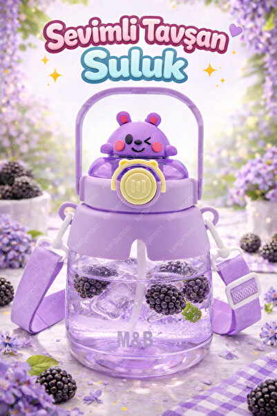 M&B WATER BOTTLE Sevimli Tavşan Figürlü Matara, Pipetli Çocuk Suluk, Okul Içi...