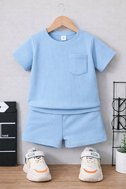 Bubito Waffle Görselli Cep Detaylı Pamuklu Yazlık Bebek Çocuk Şort Takım-Açık...